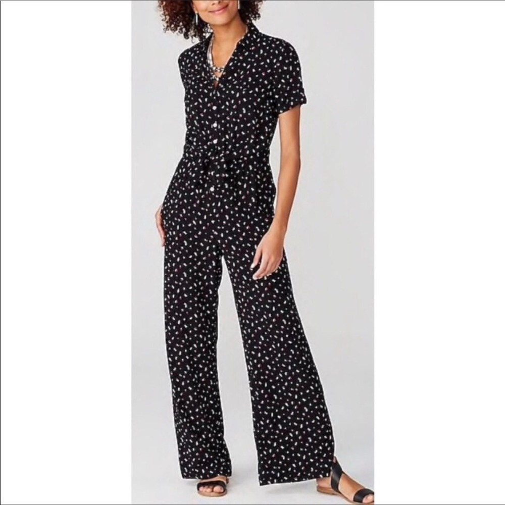 New J. Jill‎ Black Daisy Floral Elastic Waist Jumpsuit Size XL